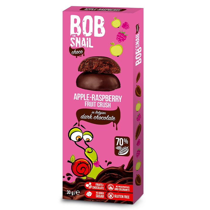 Bob Snail obuolių-aviečių juodajame šokolade Bob Snail, 30g