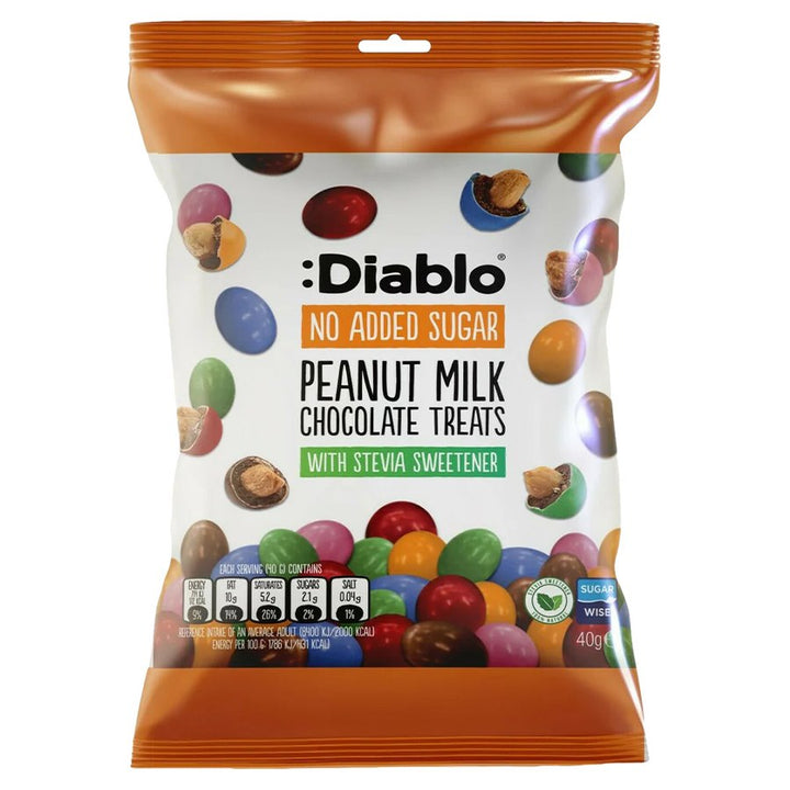 Riešutai pieniškame šokolade su spalvinga danga be pridėtinio cukraus Diablo, 40g