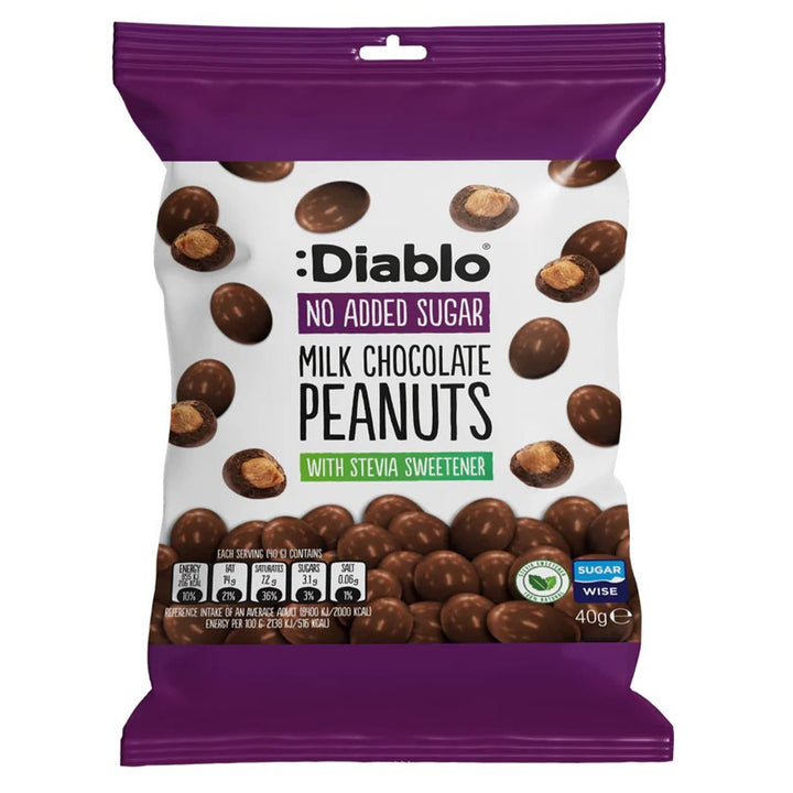 Žemės riešutai pieniškame šokolade be pridėtinio cukraus Diablo, 40g