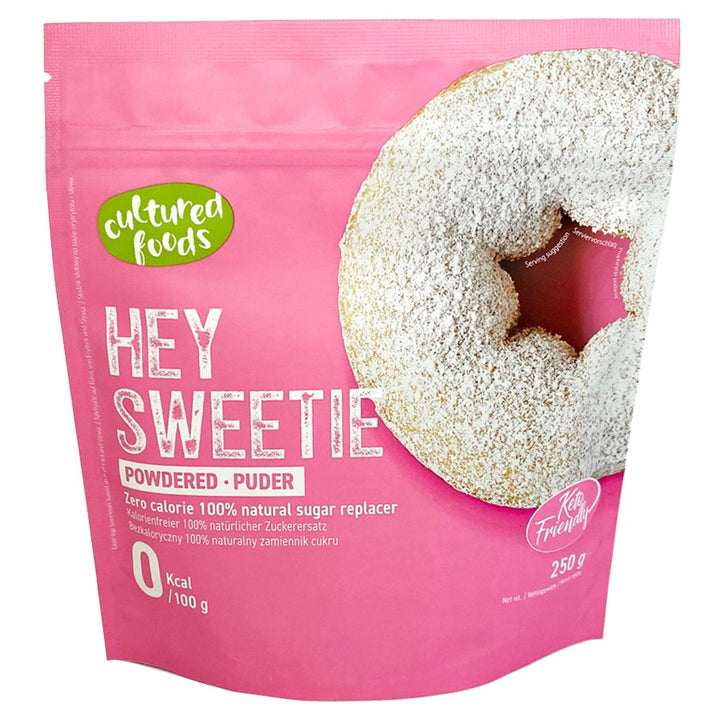 „Hey Sweetie“ milteliuose – natūralus cukraus pakaitalas eritritolio ir stevijos pagrindu „Cultured Foods“ 250 g